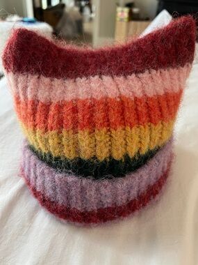 Handmade Fuzzy Rainbow Stripe Beanie